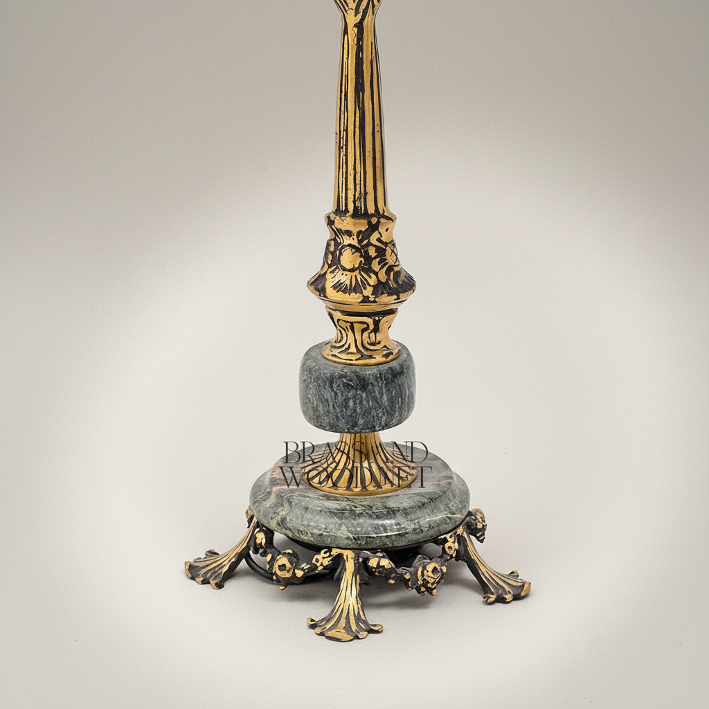 Classical Brass & Marble Table Lamp - Ornate Fluted Column with Pleated Shade — Antique Gold