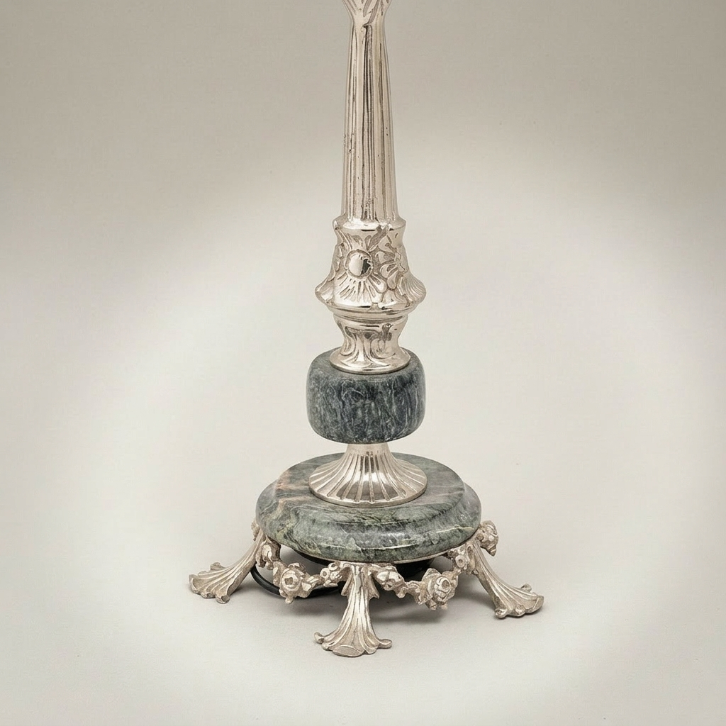 Classical Brass & Marble Table Lamp - Ornate Fluted Column with Pleated Shade — Silver