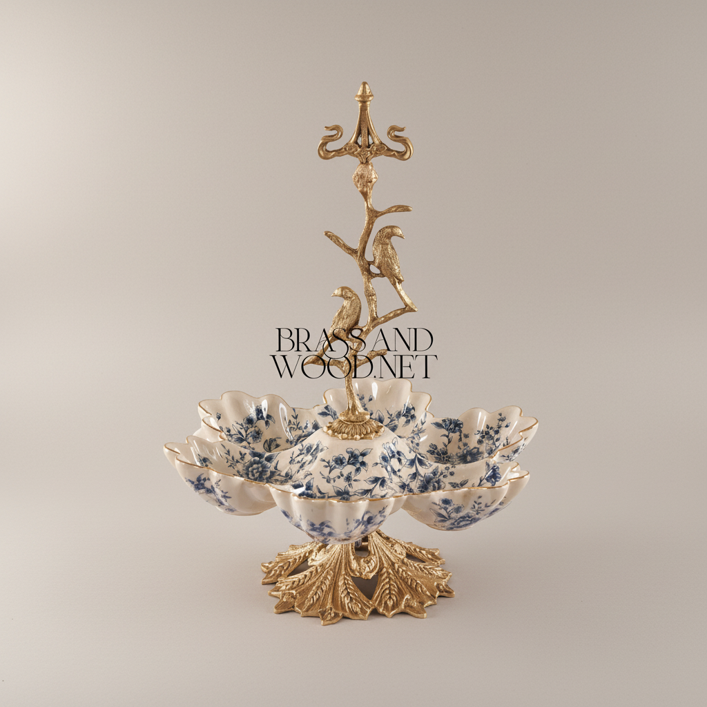 Classical Brass & Porcelain Bonbonniere - Bird Tree Stand with Blue Floral Bowls