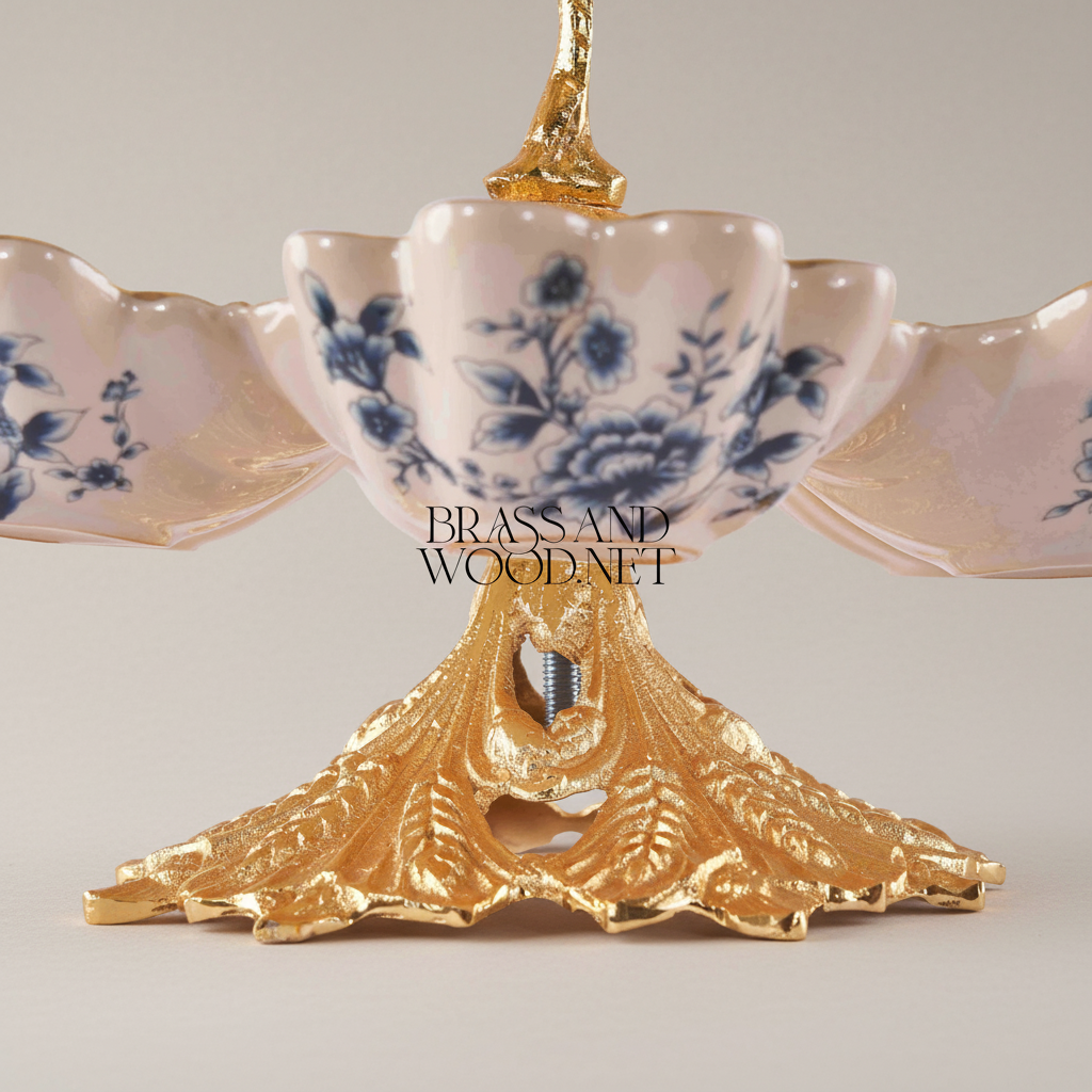 Classical Brass & Porcelain Bonbonniere - Bird Tree Stand with Blue Floral Bowls — Gold