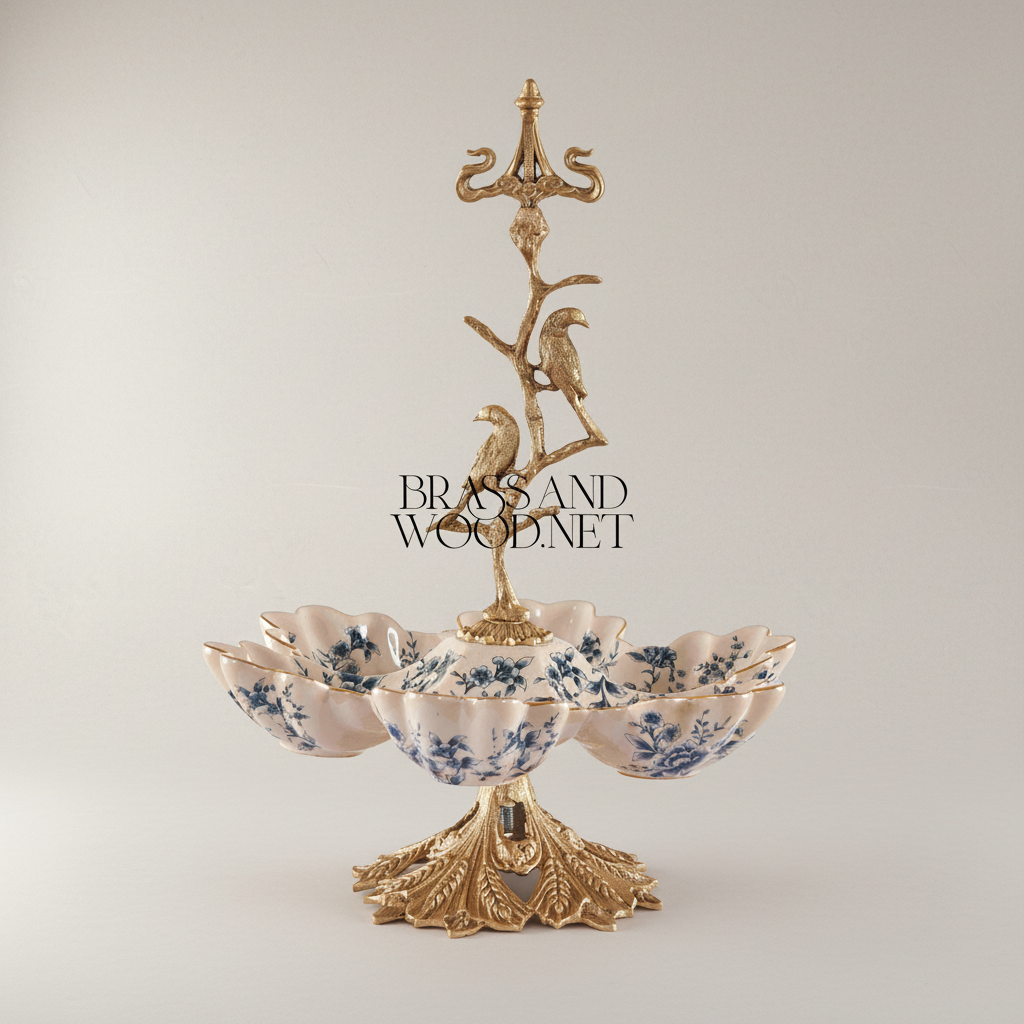 Classical Brass & Porcelain Bonbonniere - Bird Tree Stand with Blue Floral Bowls