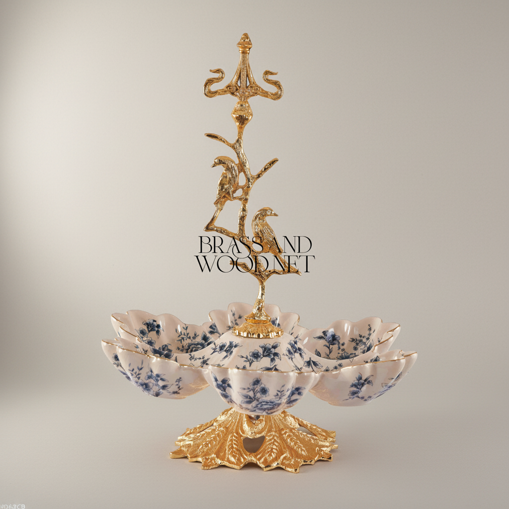 Classical Brass & Porcelain Bonbonniere - Bird Tree Stand with Blue Floral Bowls — Gold