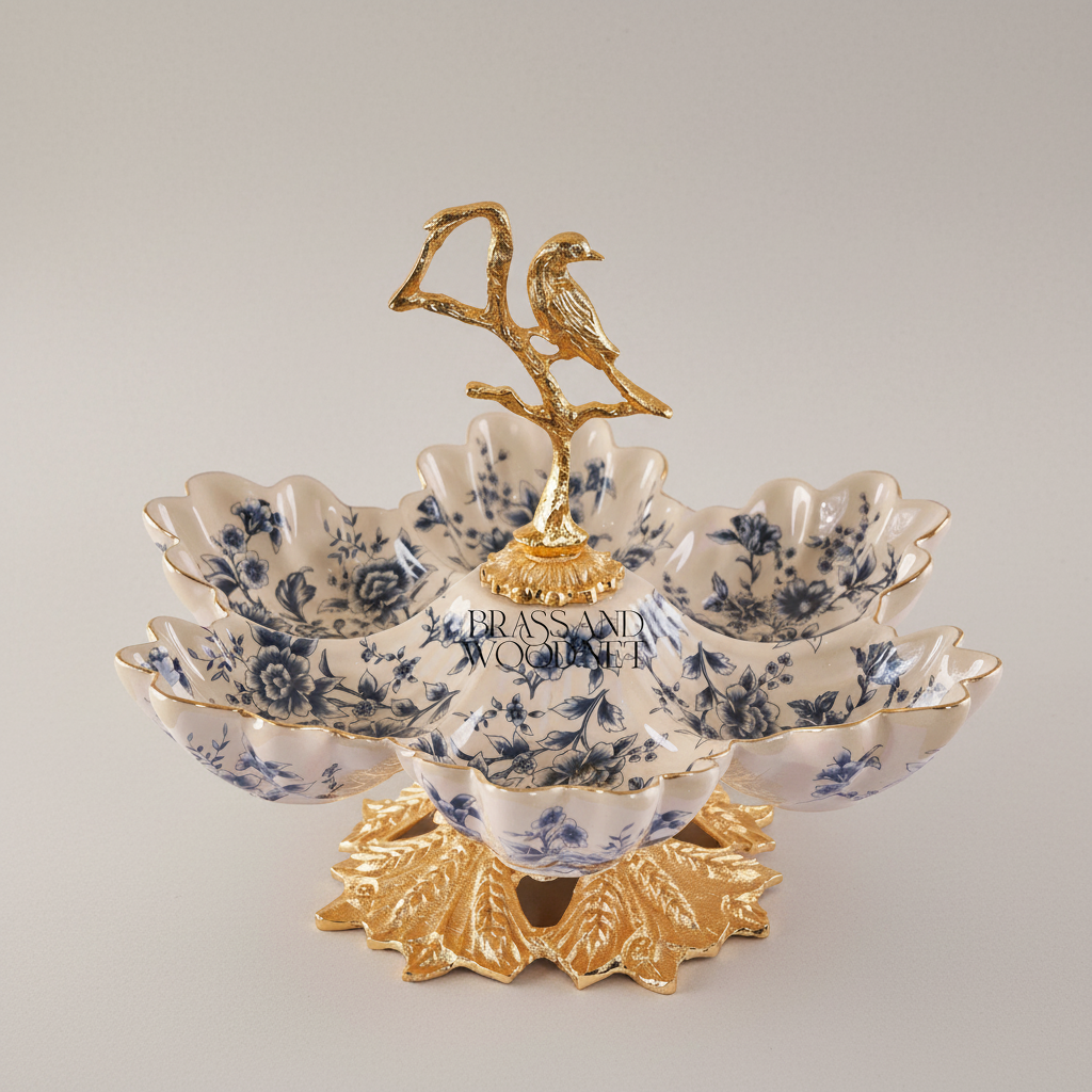Classical Brass & Porcelain Bonbonniere - Bird Tree Stand with Blue Floral Bowls — Gold