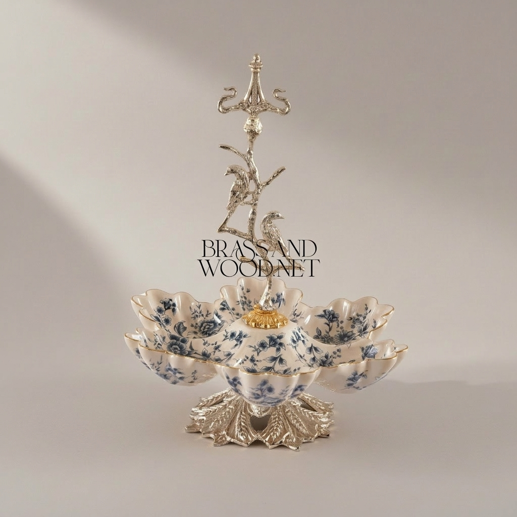 Classical Brass & Porcelain Bonbonniere - Bird Tree Stand with Blue Floral Bowls — Silver