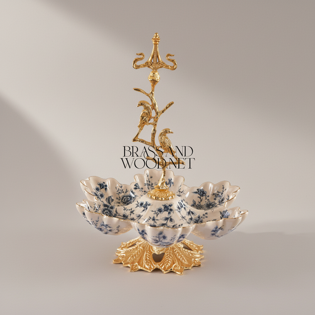 Classical Brass & Porcelain Bonbonniere - Bird Tree Stand with Blue Floral Bowls — Gold