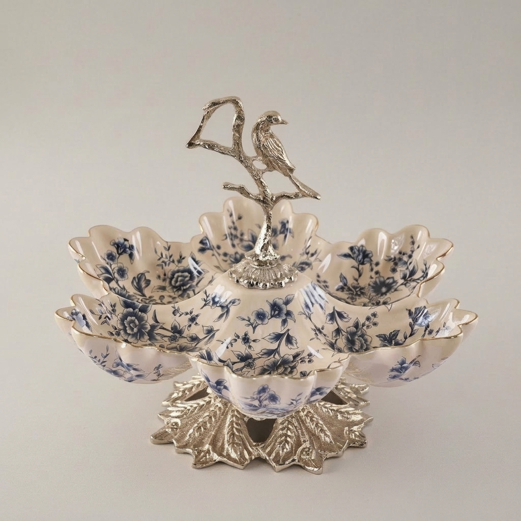 Classical Brass & Porcelain Bonbonniere - Bird Tree Stand with Blue Floral Bowls — Silver