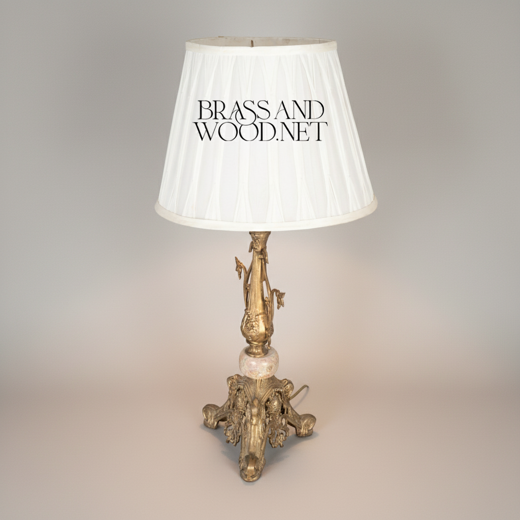 Classical Brass Table Lamp with Marble Accent & Floral Sculpted Base — Antique Gold