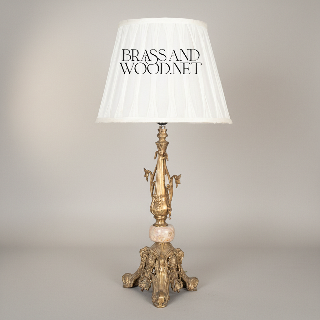 Classical Brass Table Lamp with Marble Accent & Floral Sculpted Base