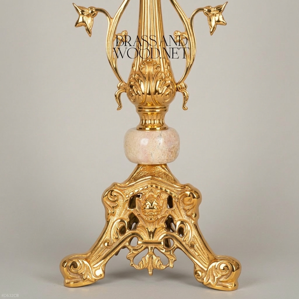 Classical Brass Table Lamp with Marble Accent & Floral Sculpted Base — Gold