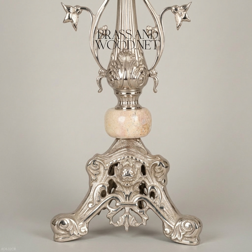 Classical Brass Table Lamp with Marble Accent & Floral Sculpted Base — Silver