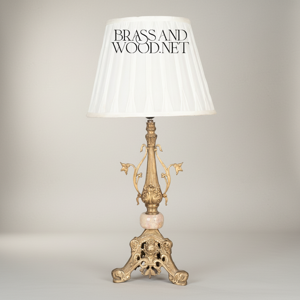 Classical Brass Table Lamp with Marble Accent & Floral Sculpted Base