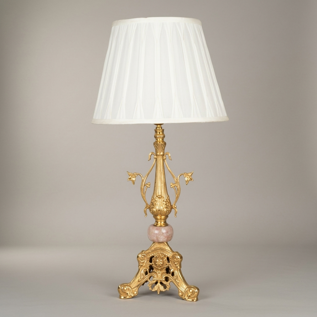 Classical Brass Table Lamp with Marble Accent & Floral Sculpted Base — Gold