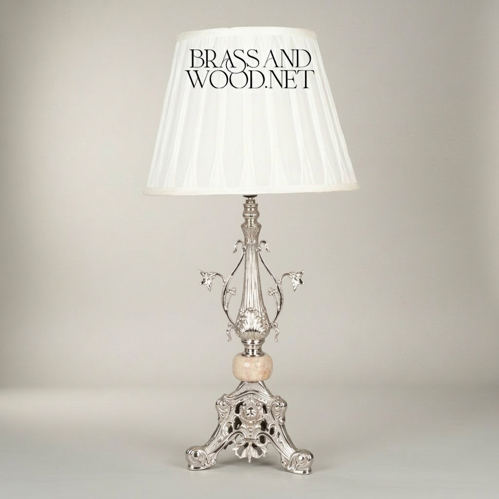 Classical Brass Table Lamp with Marble Accent & Floral Sculpted Base — Silver