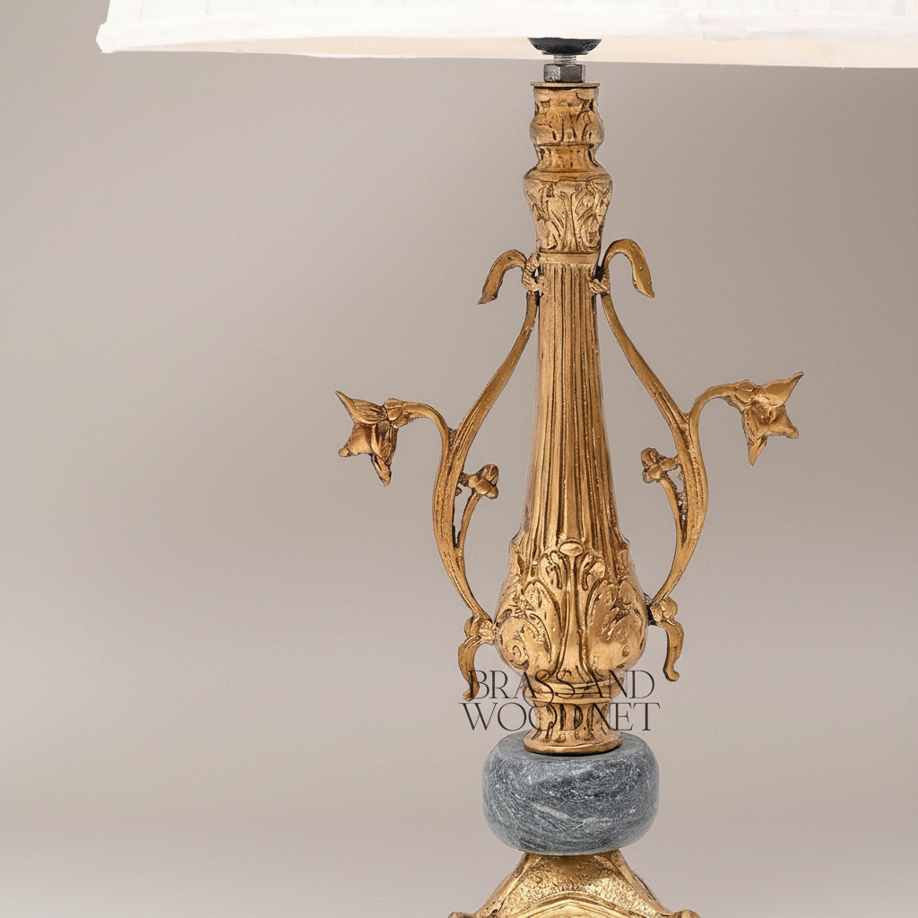 Classical Brass Table Lamp - Ornate Floral Column with Marble Accent & Pleated Shade — Gold
