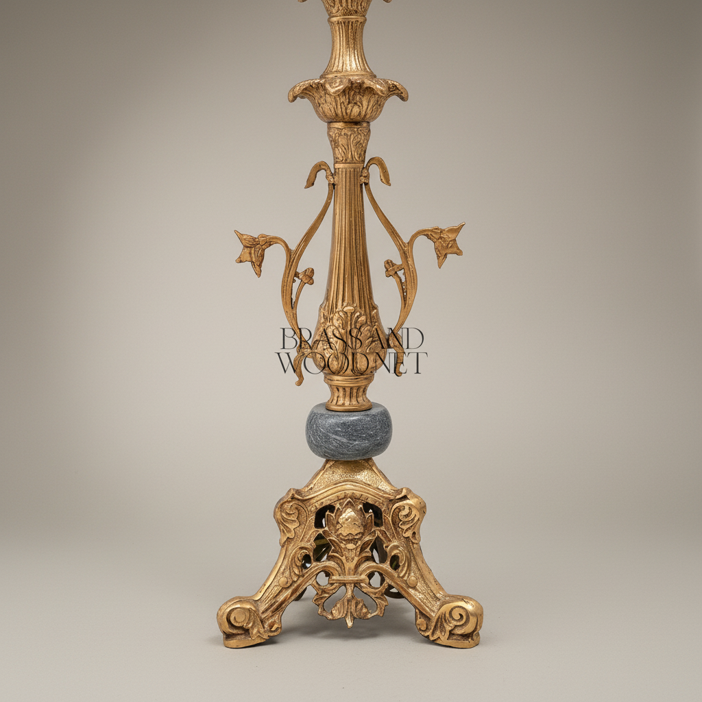 Classical Brass Table Lamp - Ornate Floral Column with Marble Accent & Pleated Shade — Gold