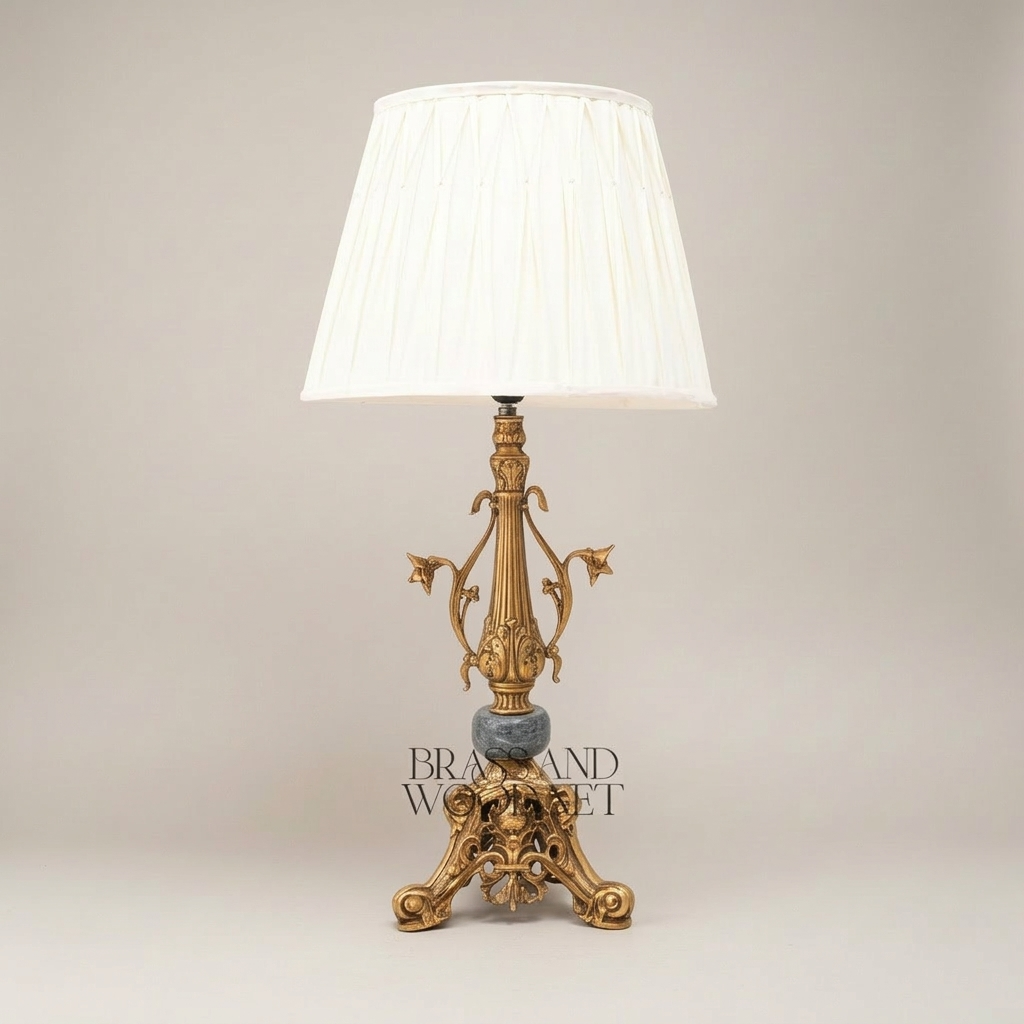 Classical Brass Table Lamp - Ornate Floral Column with Marble Accent & Pleated Shade — Antique Gold