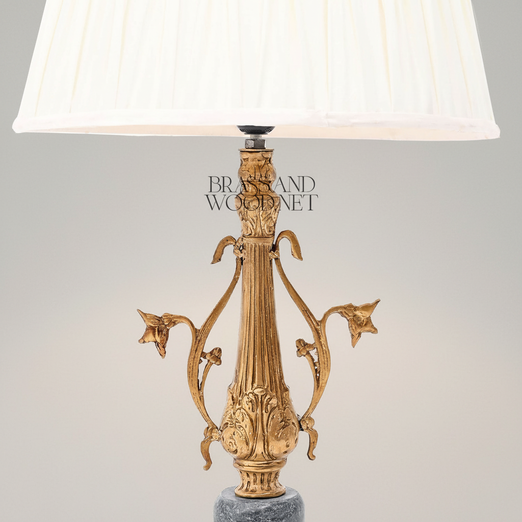 Classical Brass Table Lamp - Ornate Floral Column with Marble Accent & Pleated Shade — Gold