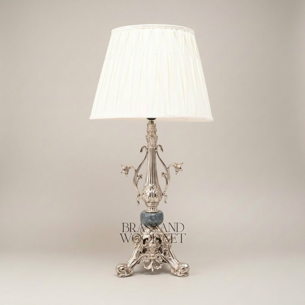 Classical Brass Table Lamp - Ornate Floral Column with Marble Accent & Pleated Shade — Silver