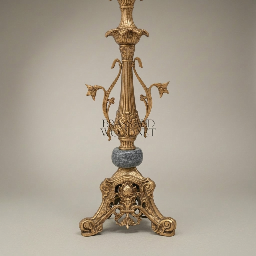 Classical Brass Table Lamp - Ornate Floral Column with Marble Accent & Pleated Shade — Antique Gold