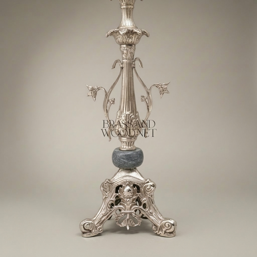 Classical Brass Table Lamp - Ornate Floral Column with Marble Accent & Pleated Shade — Silver