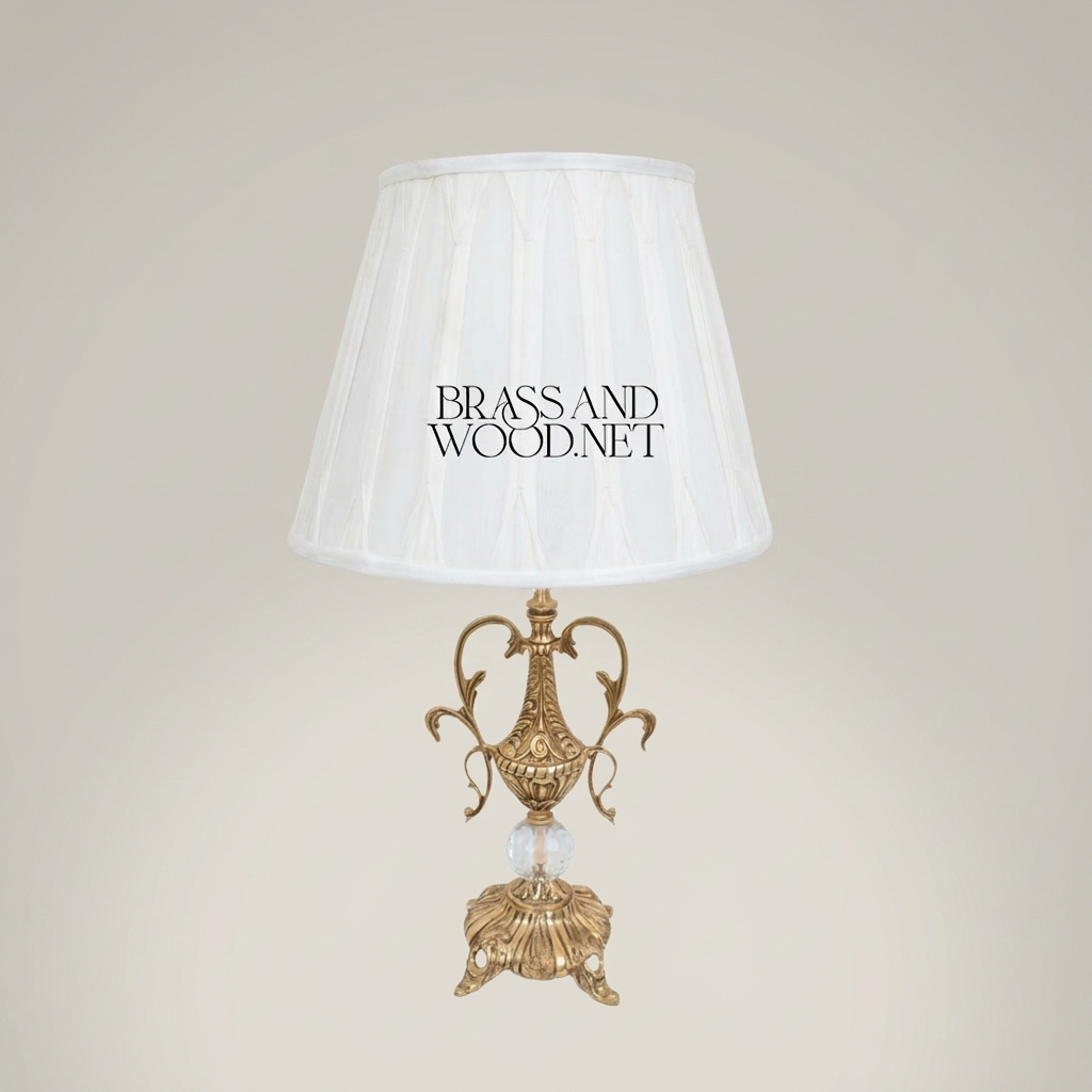Classical Brass Urn Table Lamp with Crystal Sphere & Ornate Swan Handles — Antique Gold