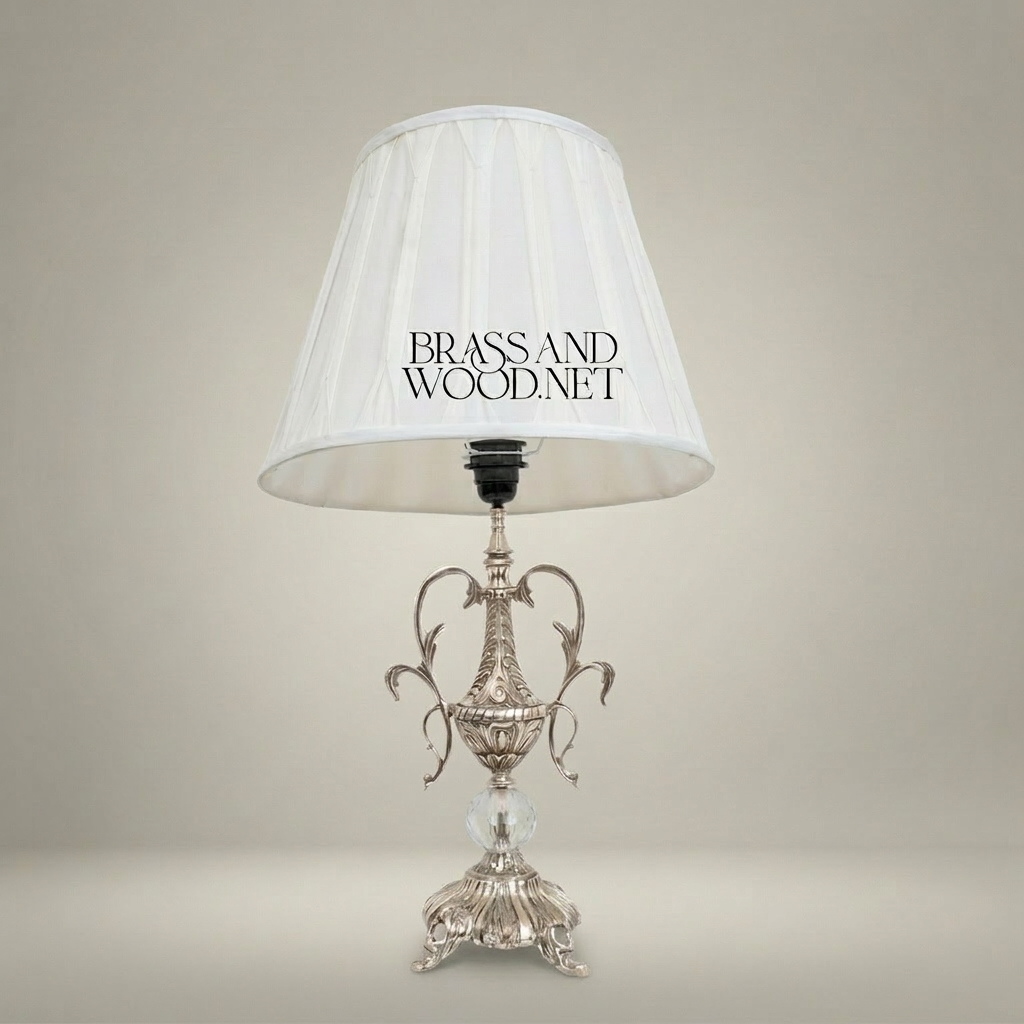 Classical Brass Urn Table Lamp with Crystal Sphere & Ornate Swan Handles — Silver
