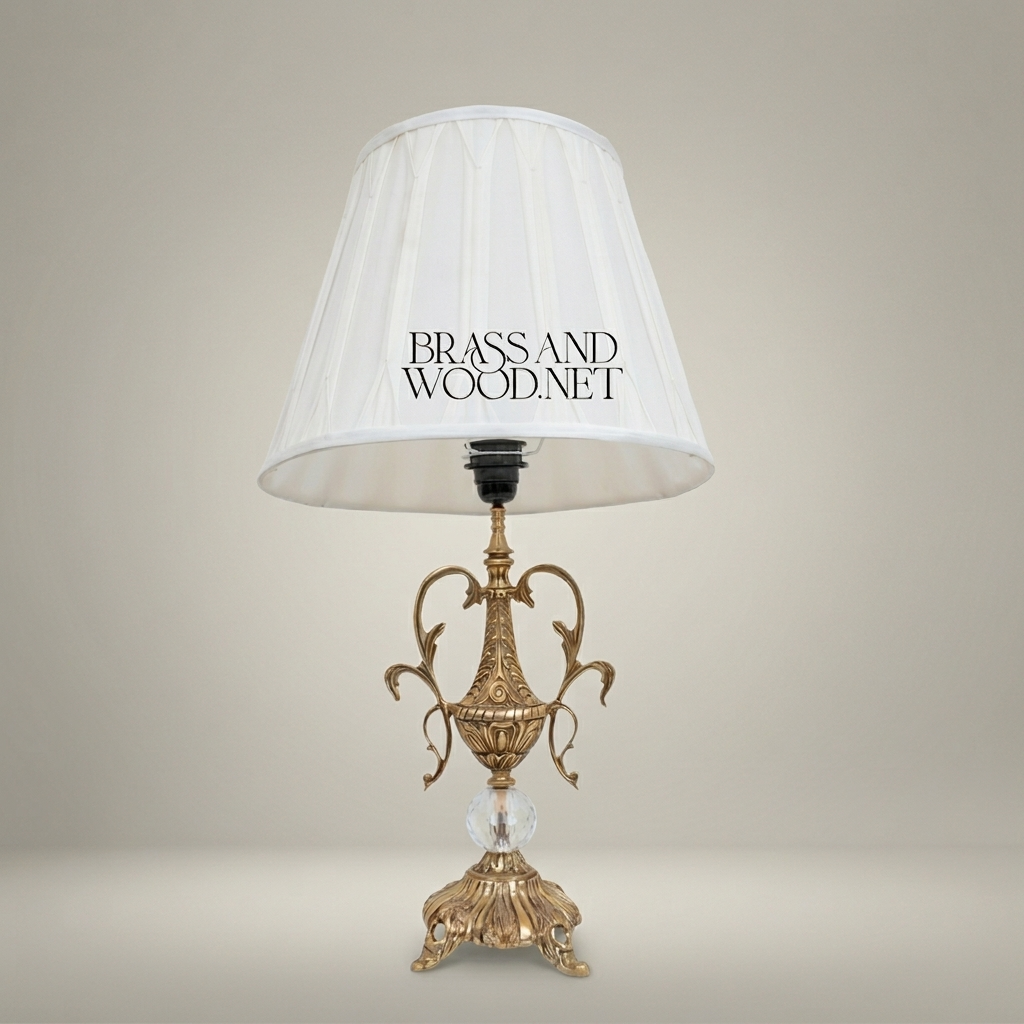 Classical Brass Urn Table Lamp with Crystal Sphere & Ornate Swan Handles — Antique Gold
