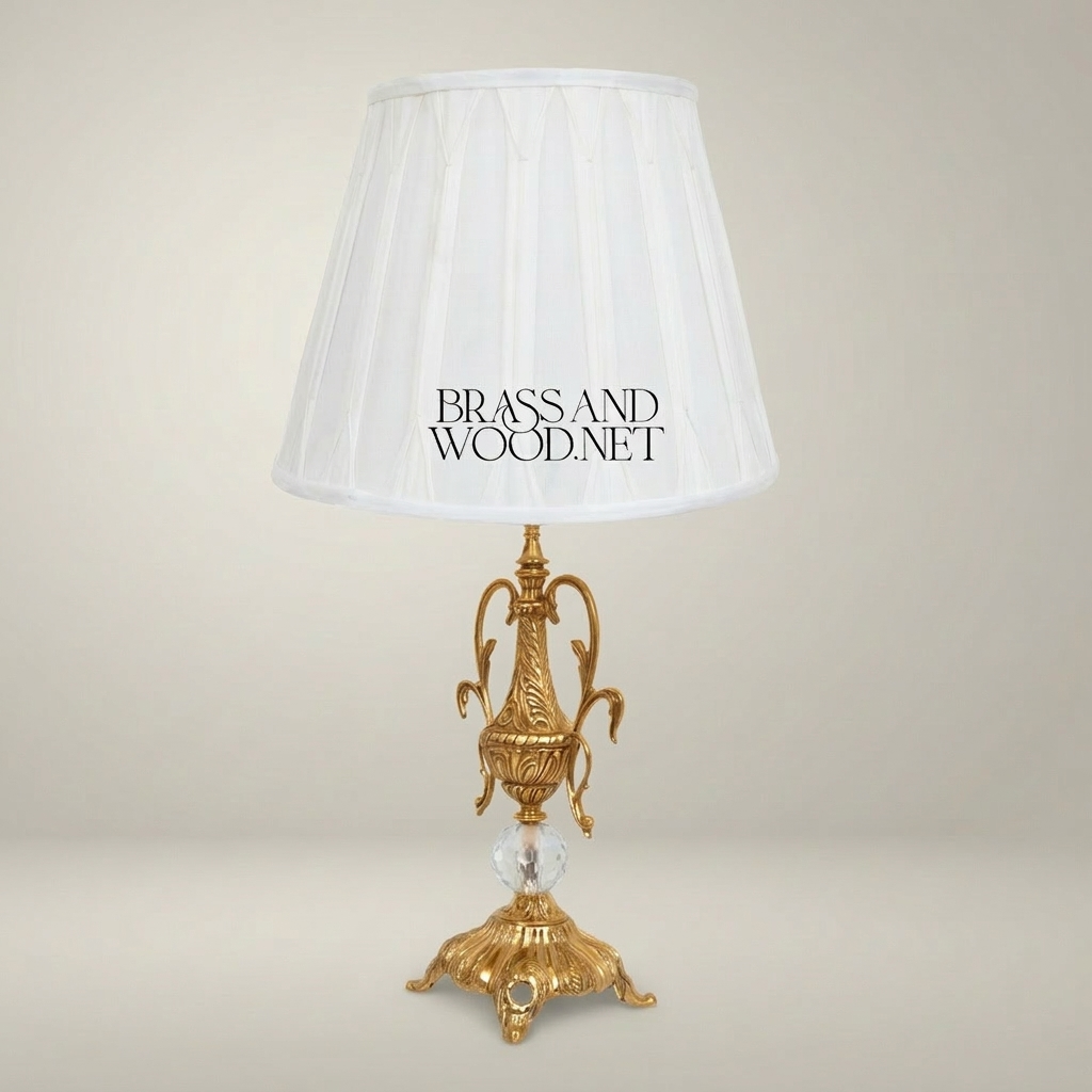 Classical Brass Urn Table Lamp with Crystal Sphere & Ornate Swan Handles