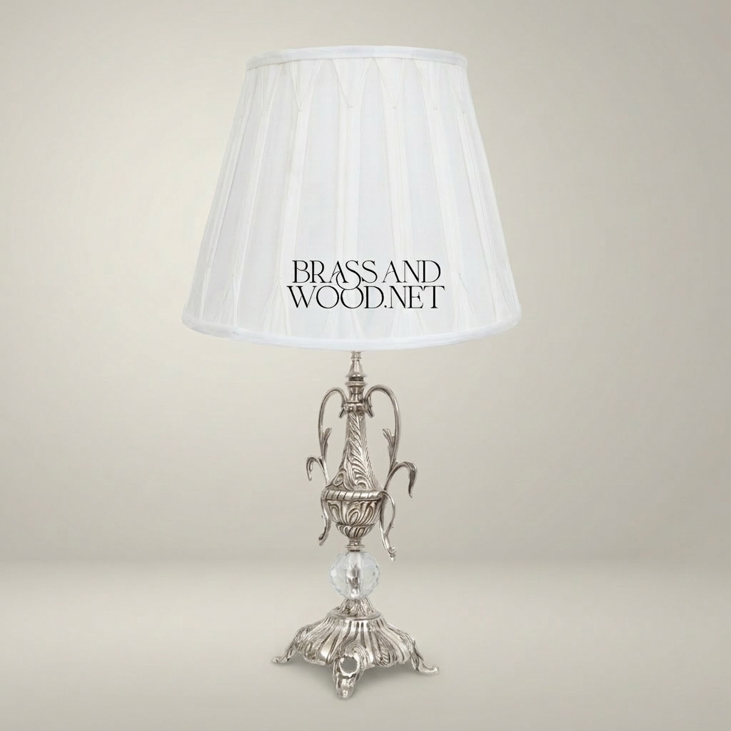 Classical Brass Urn Table Lamp with Crystal Sphere & Ornate Swan Handles — Silver