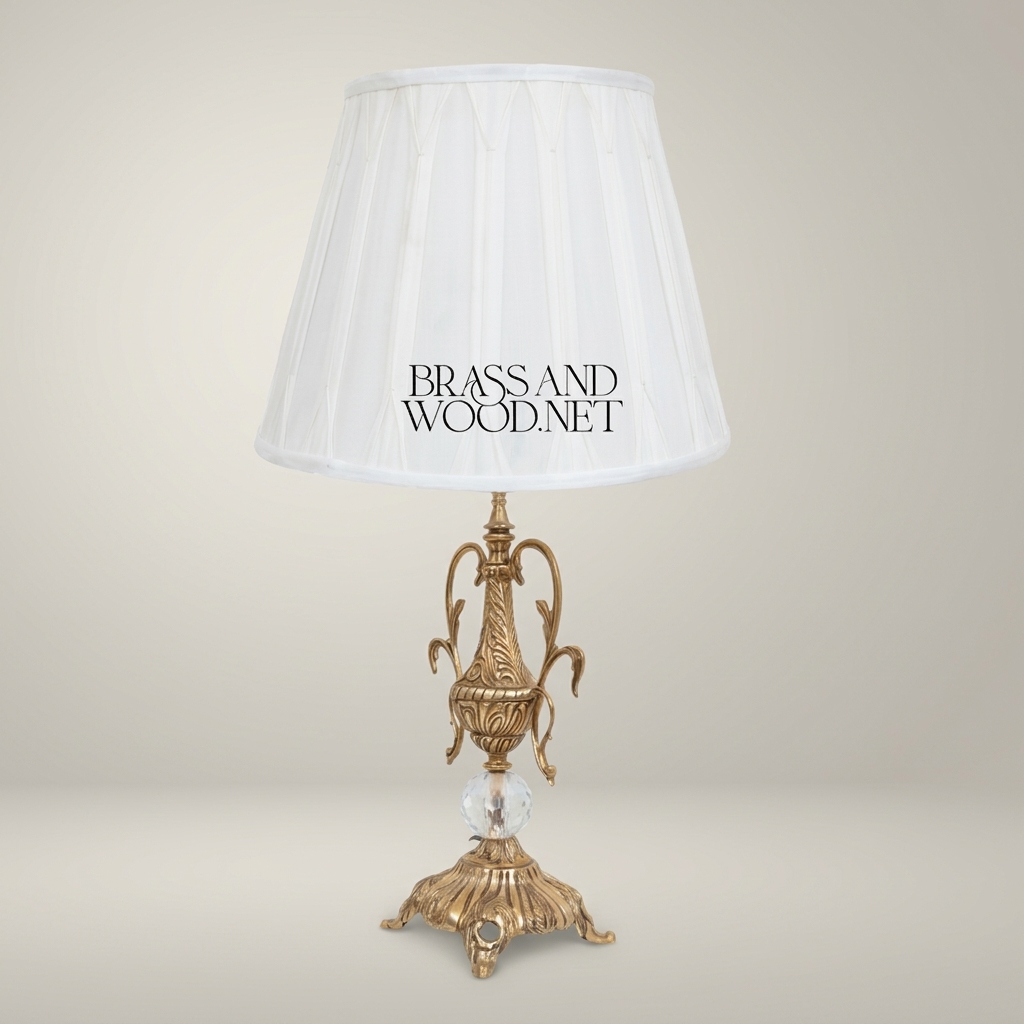 Classical Brass Urn Table Lamp with Crystal Sphere & Ornate Swan Handles — Antique Gold