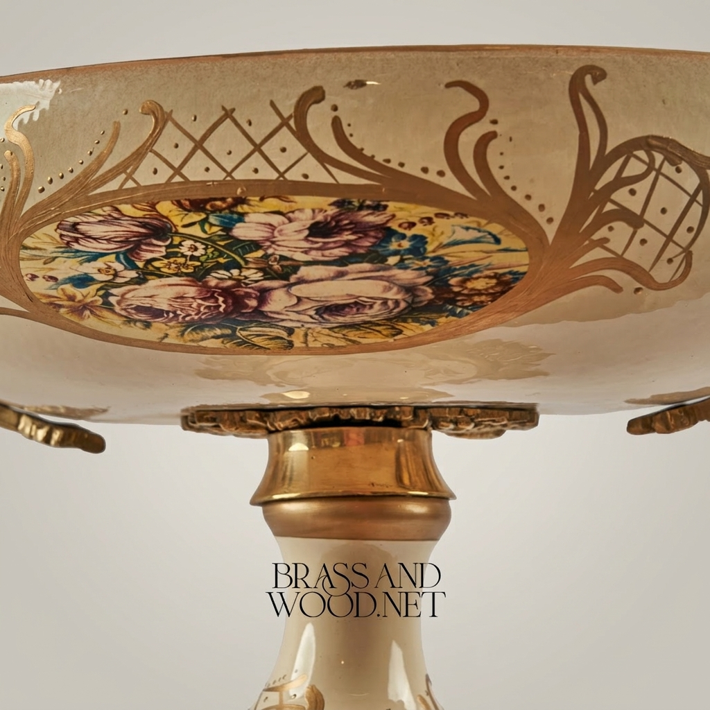 Classical Ceramic Compote Bowl with Brass Handles & Floral Medallion — Gold