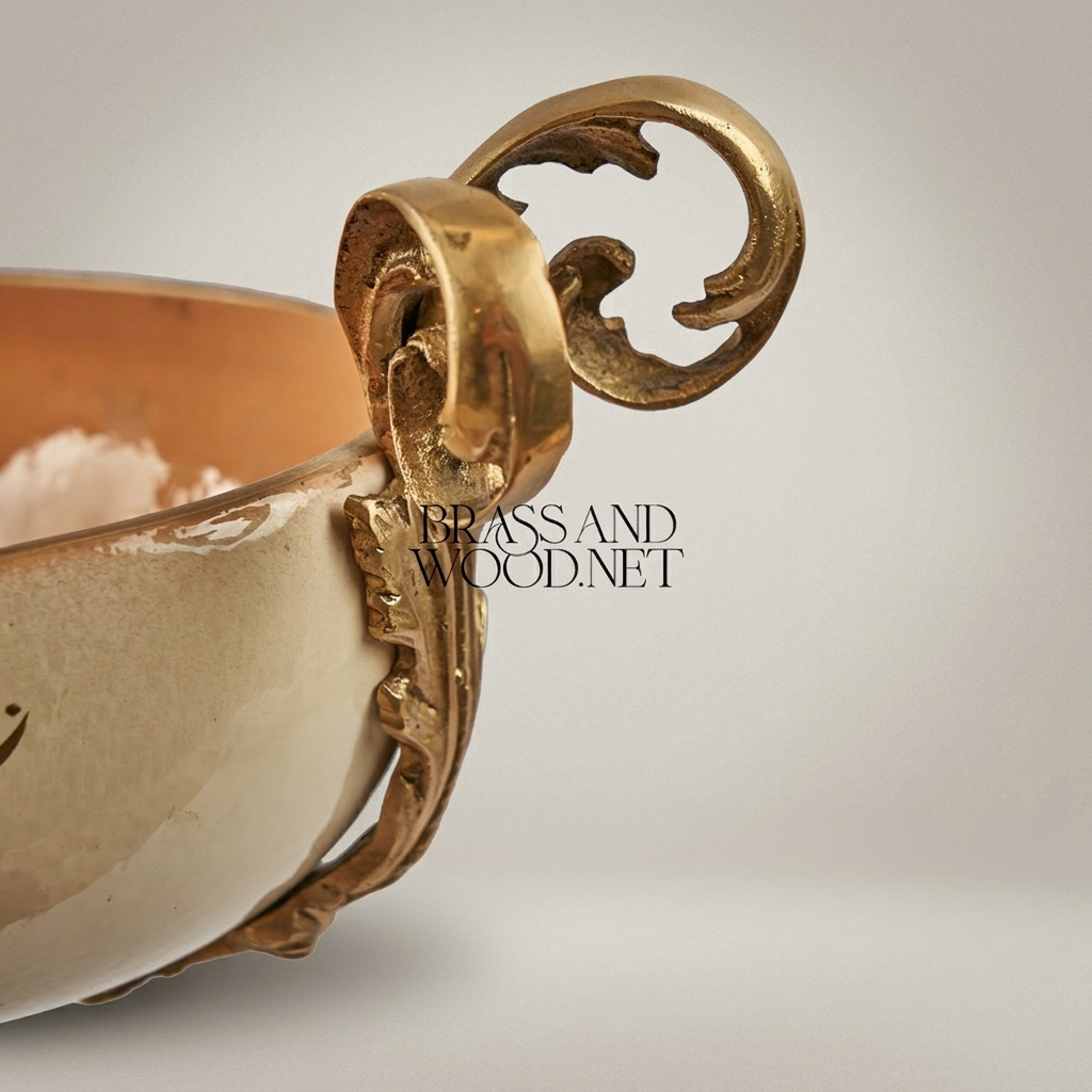 Classical Ceramic Compote Bowl with Brass Handles & Floral Medallion — Gold