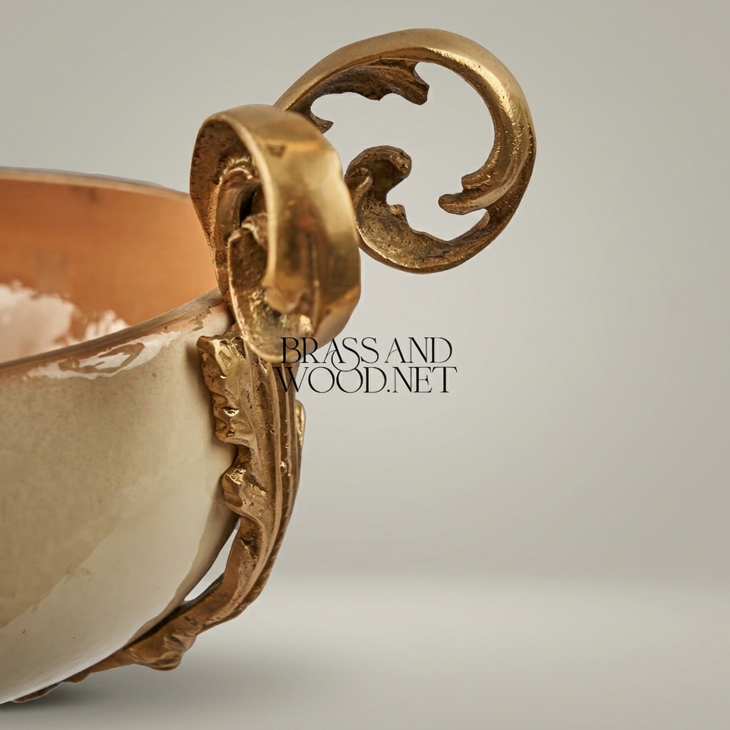 Classical Ceramic Compote Bowl with Brass Handles & Floral Medallion — Antique Gold