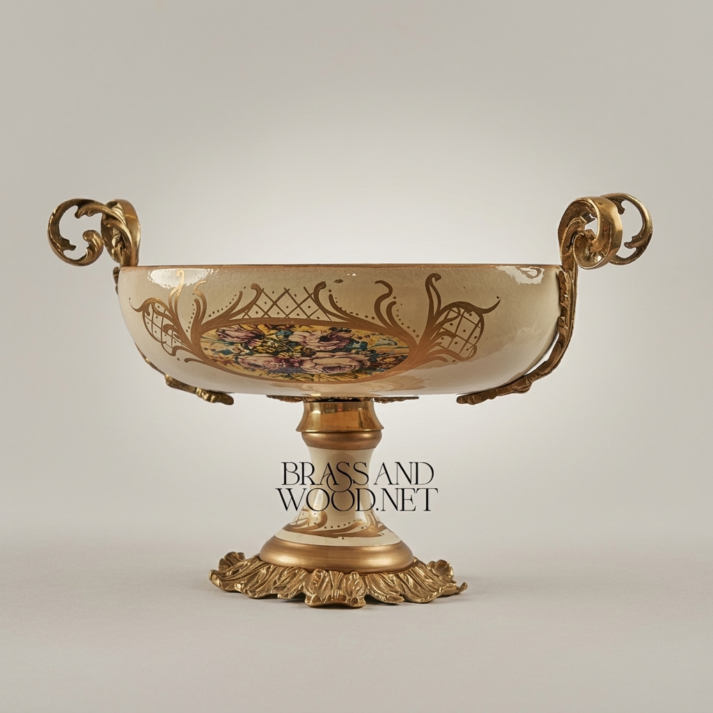Classical Ceramic Compote Bowl with Brass Handles & Floral Medallion — Gold