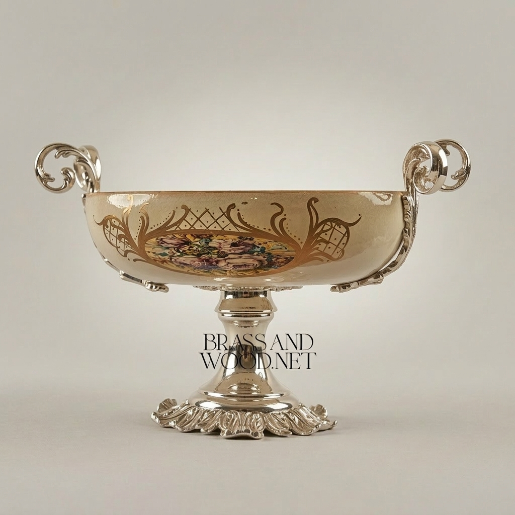 Classical Ceramic Compote Bowl with Brass Handles & Floral Medallion — Silver