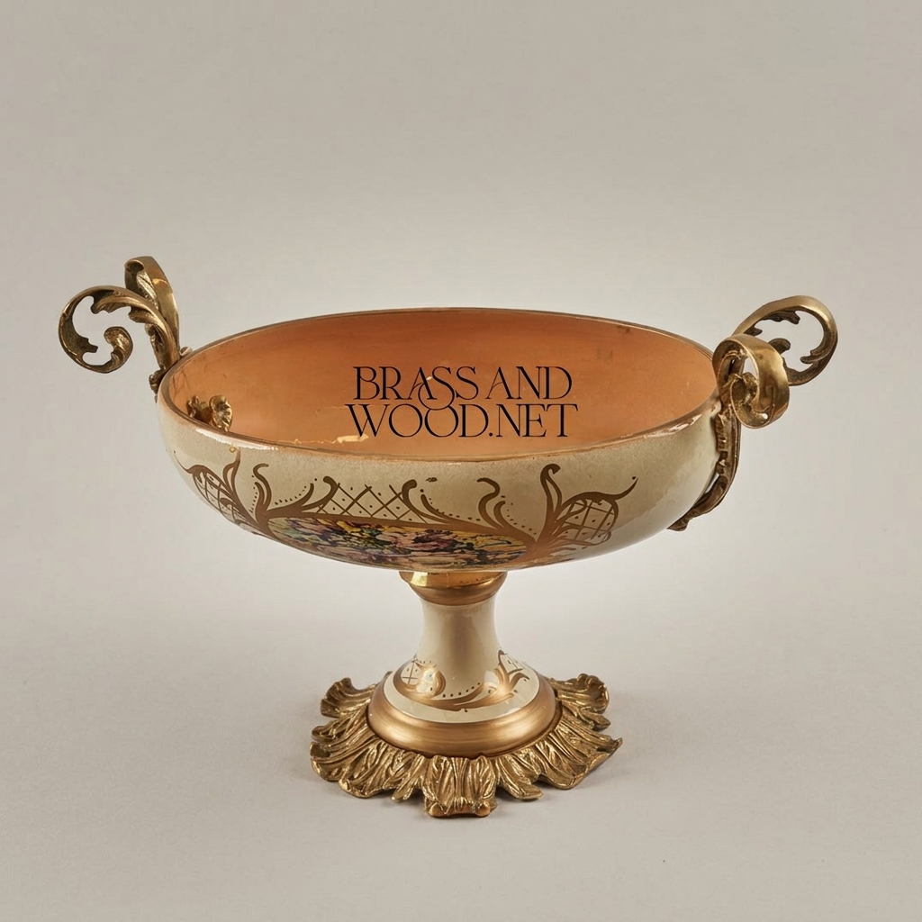 Classical Ceramic Compote Bowl with Brass Handles & Floral Medallion — Antique Gold