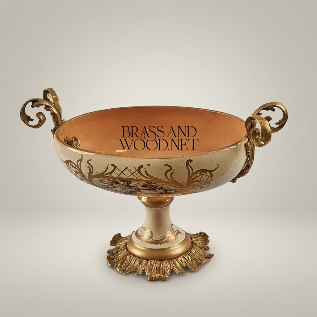 Classical Ceramic Compote Bowl with Brass Handles & Floral Medallion — Gold