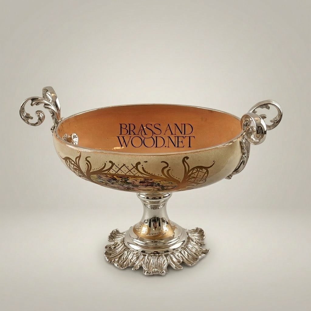 Classical Ceramic Compote Bowl with Brass Handles & Floral Medallion — Silver