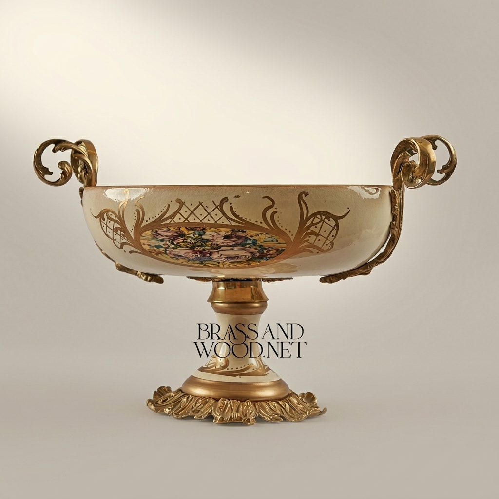 Classical Ceramic Compote Bowl with Brass Handles & Floral Medallion — Antique Gold