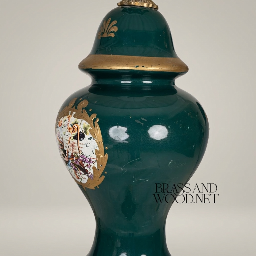 Classical Ceramic Ginger Jar Table Lamp - Hand-Painted Medallion & Brass Footed Base — Antique Gold