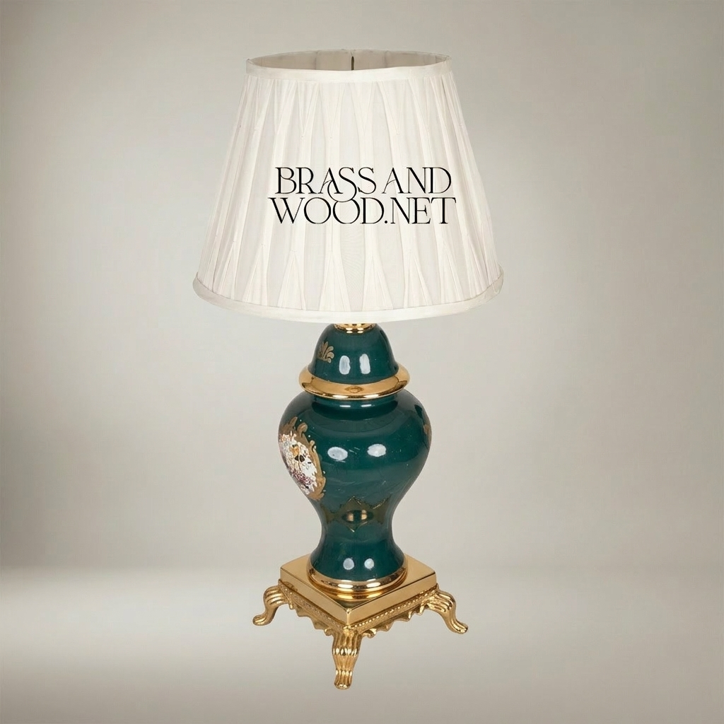 Classical Ceramic Ginger Jar Table Lamp - Hand-Painted Medallion & Brass Footed Base — Gold