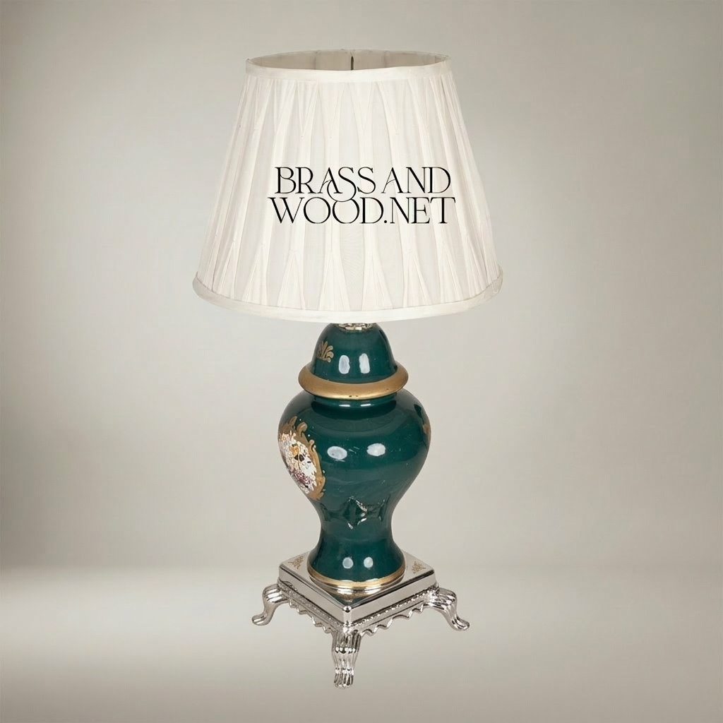 Classical Ceramic Ginger Jar Table Lamp - Hand-Painted Medallion & Brass Footed Base — Silver