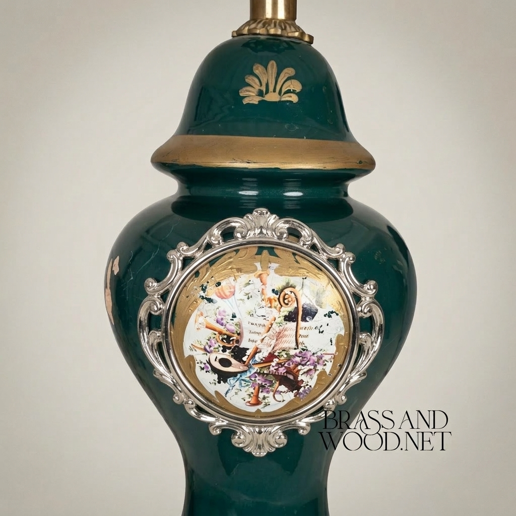 Classical Ceramic Ginger Jar Table Lamp - Hand-Painted Medallion & Brass Footed Base — Silver