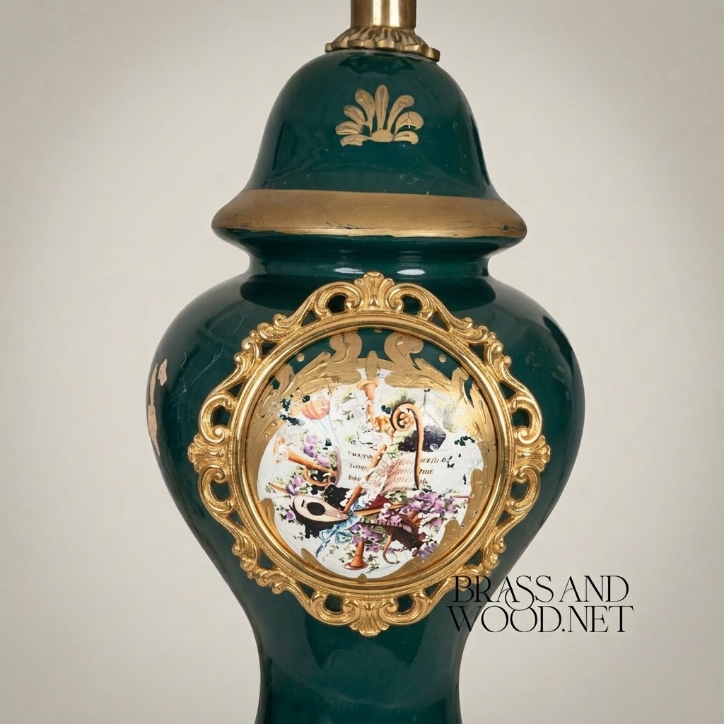 Classical Ceramic Ginger Jar Table Lamp - Hand-Painted Medallion & Brass Footed Base — Gold