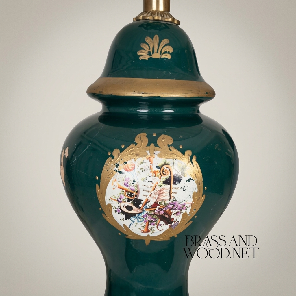Classical Ceramic Ginger Jar Table Lamp - Hand-Painted Medallion & Brass Footed Base — Antique Gold