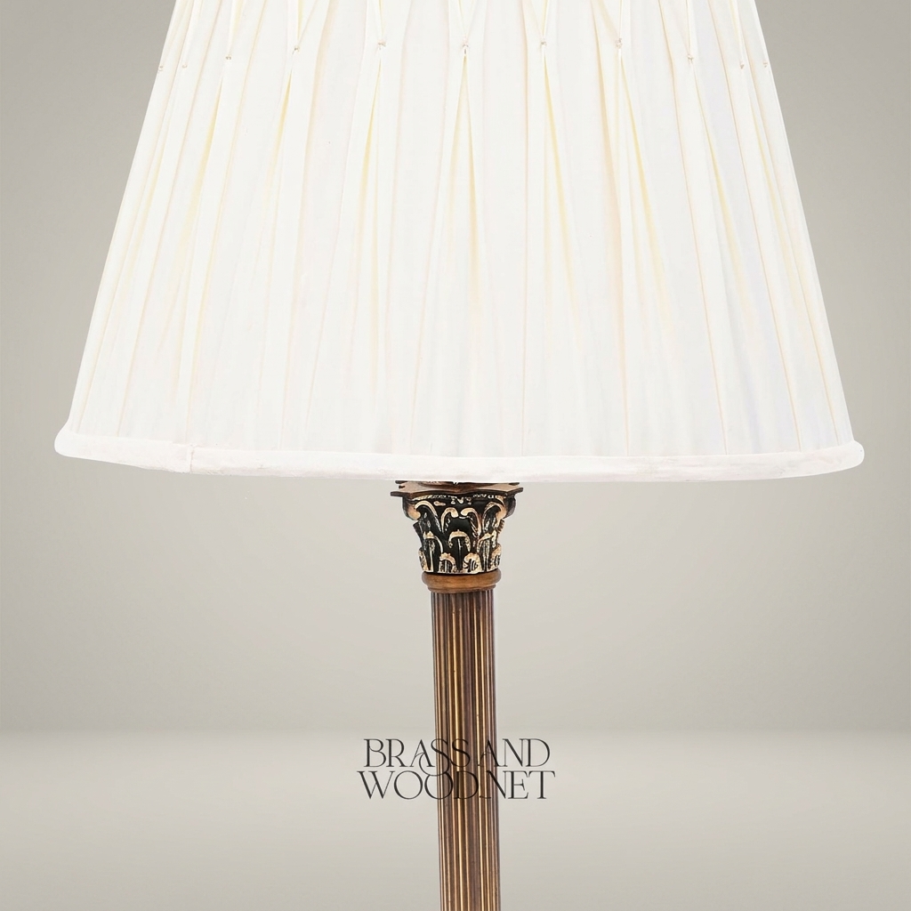 Classical Corinthian Column Brass Table Lamp with Marble Base & Pleated Shade — Antique Gold