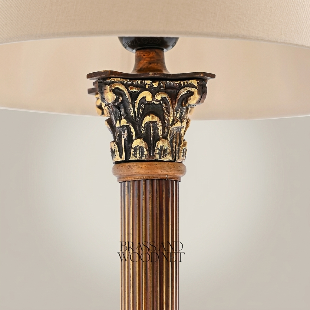 Classical Corinthian Column Brass Table Lamp with Marble Base & Pleated Shade — Antique Gold