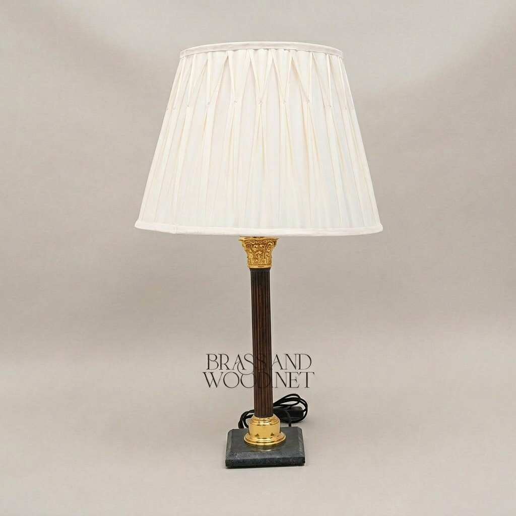 Classical Corinthian Column Brass Table Lamp with Marble Base & Pleated Shade — Gold