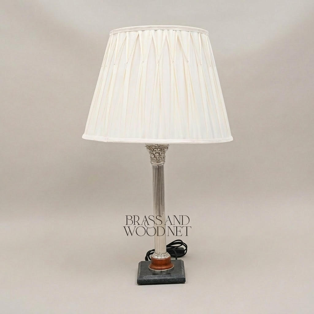Classical Corinthian Column Brass Table Lamp with Marble Base & Pleated Shade — Silver