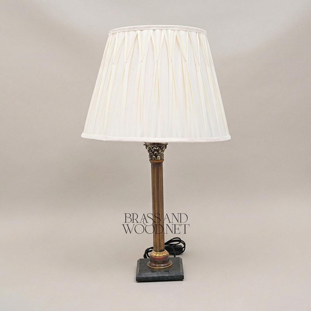 Classical Corinthian Column Brass Table Lamp with Marble Base & Pleated Shade — Antique Gold